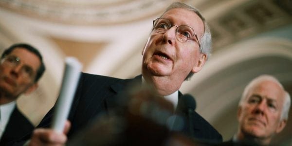 WASHINGTON, DC – APRIL 17: Senate Majority Leader Mitch McConnell (R-KY) (C) talks to reporters with Sen. John Barrasso (R-WY) (L) and Senate Majority Whip John Cornyn (R-TX) following the Senate Republican policy luncheon at the U.S. Capitol April 17, 2018 in Washington, DC. Vice President Mike Pence joined the GOP senators for their weekly meeting. (Photo by Chip Somodevilla via Getty Images)