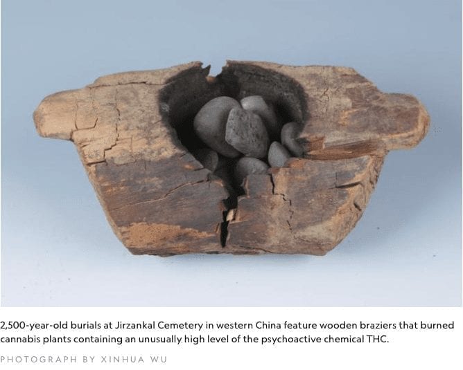 2,500-year-old burials at Jirzankal Cemetery in western China feature wooden braziers that burned cannabis plants containing an unusually high level of the psychoactive chemical THC. PHOTOGRAPH BY XINHUA WU