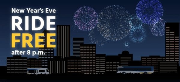 Ride free starting at 8 p.m. Hop on any TriMet bus, MAX or Portland Streetcar after 8 p.m. — no need to tap your Hop card or buy a ticket at the station. (Transfers are free, too!) ? MAX runs until 3 a.m. MAX Blue, Green, Orange and Yellow lines will provide extended service, running approximately every 30–35 minutes until about 3 a.m., and MAX Red Line will run shuttle bus service to Portland International Airport until 3:30 a.m. View the schedules ? Service on New Year’s Day On January 1, buses, MAX and Portland Streetcar will run on Sunday schedules. WES Commuter Rail will not be in service. The 503-238-RIDE call center and the Ticket Office at Pioneer Courthouse Square will be closed.