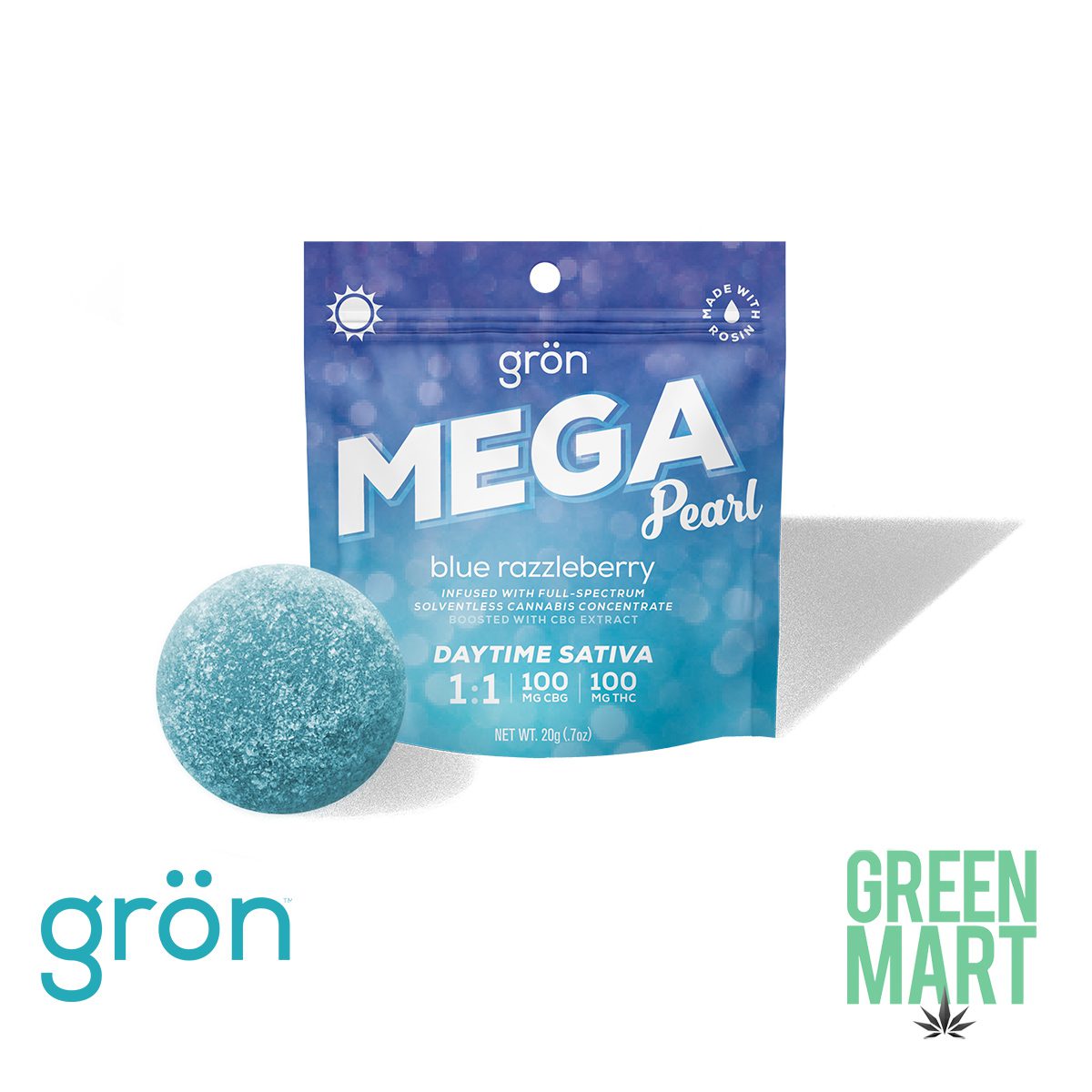 Gron Mega Pearl - Blue Razzleberry 1:1 CBG/THC Gummy