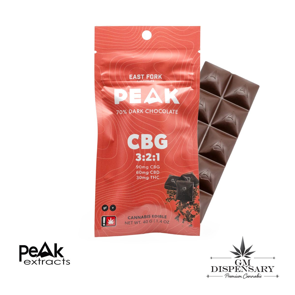 Peak Extracts - White CBG 3:2:1 CBG/CBD/THC Dark Chocolate Bar